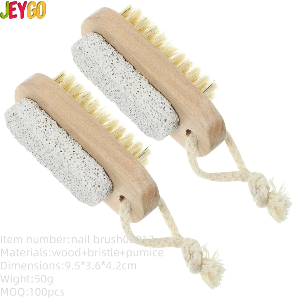 double-sided bamboo wooden nail brush with soft bristles and pumice stone scrubber