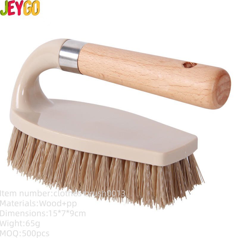 handheld laundry scrub brush with wooden handle and durable bristles for stain cleaning