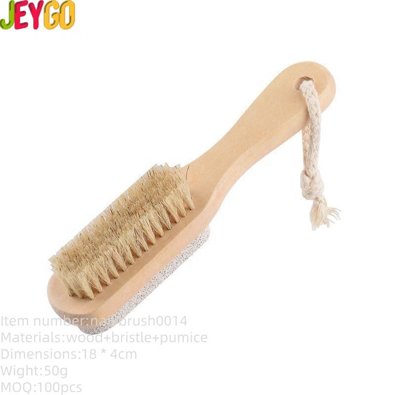 double-sided wooden foot file brush with pumice stone and bristles for foot care and exfoliation