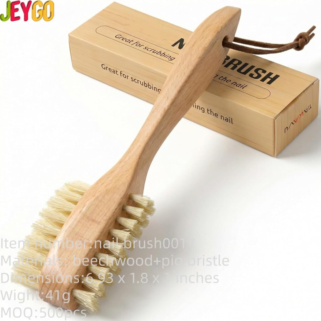 long handle wooden nail scrub brush with double-sided natural boar bristles for hand and nail cleaning