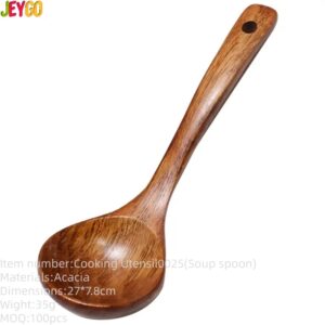 acacia wood soup spoon with long handle for kitchen cooking and serving use