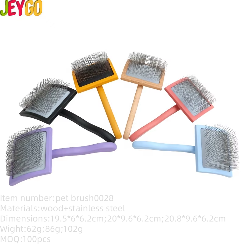 wooden handle slicker brush with long metal pins for grooming dogs and cats
