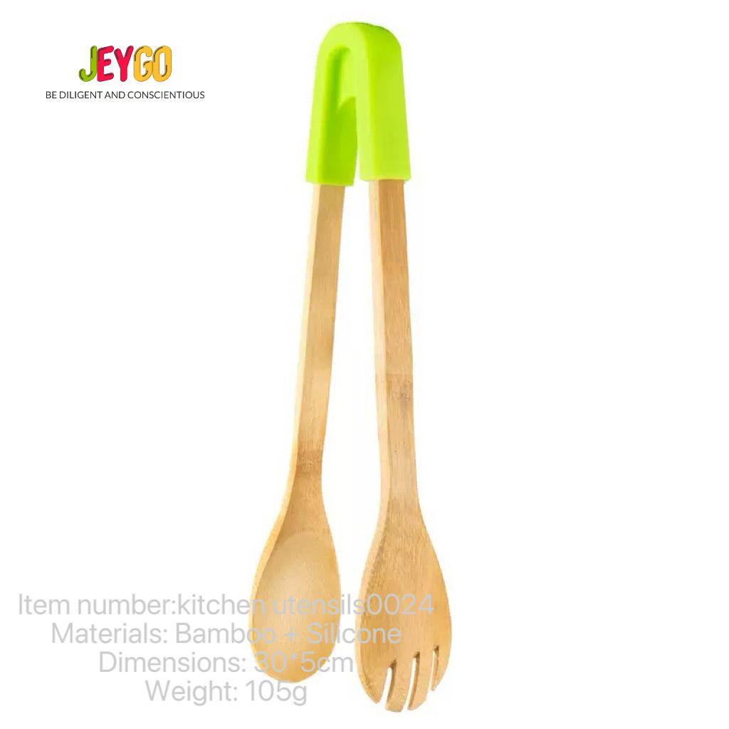 bamboo salad serving tongs with silicone grip for cooking and food serving