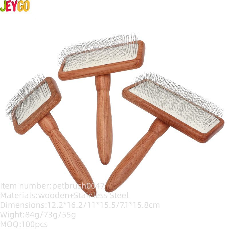 wooden handle slicker brush with stainless steel pins for pet grooming