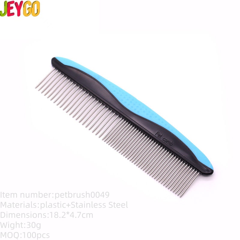stainless steel pet grooming comb with blue ergonomic handle for dogs and cats