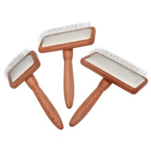 wooden handle slicker brush with stainless steel pins for pet grooming