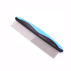 stainless steel pet grooming comb with blue ergonomic handle for dogs and cats