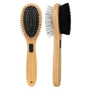 double-sided wooden pet grooming brush with metal pins and bristles