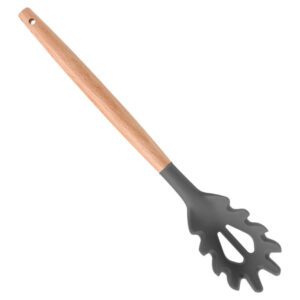 silicone pasta server spoon with wooden handle for cooking and serving pasta