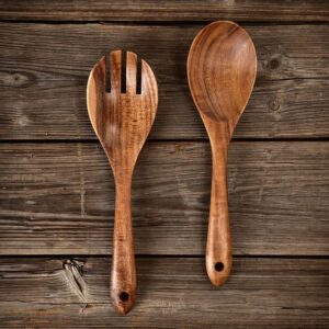 teak wood salad serving spoon with long handle for kitchen cookware use