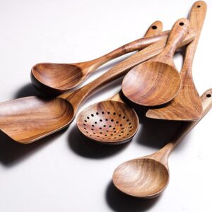 acacia wood slotted spoon with long handle for cooking draining and serving food