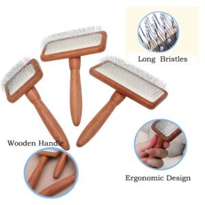 wooden handle slicker brush with stainless steel pins for pet grooming