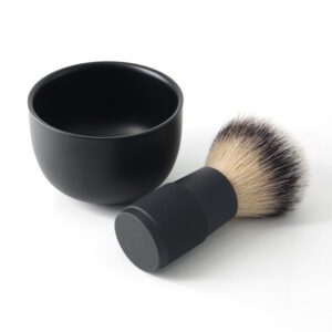 black shaving brush and bowl set with premium synthetic bristles for men's grooming