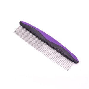 stainless steel pet grooming comb with blue ergonomic handle for dogs and cats