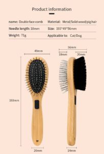 double-sided wooden pet grooming brush with metal pins and bristles