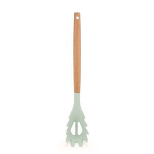 silicone pasta server spoon with wooden handle for cooking and serving pasta