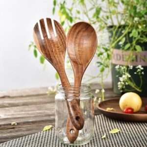teak wood salad serving spoon with long handle for kitchen cookware use