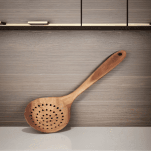 teak wood skimmer spoon with holes for cooking draining and serving food