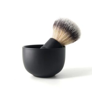 black shaving brush and bowl set with premium synthetic bristles for men's grooming