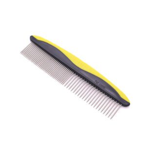 stainless steel pet grooming comb with blue ergonomic handle for dogs and cats