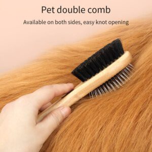 double-sided wooden pet grooming brush with metal pins and bristles