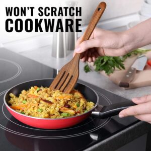 teak wood slotted spatula for non-stick cookware and kitchen cooking