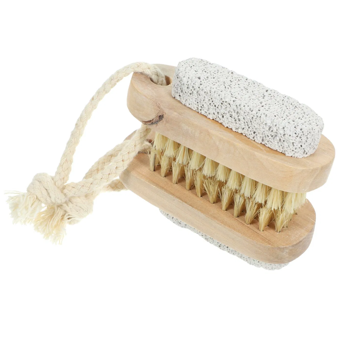 double-sided bamboo wooden nail brush with soft bristles and pumice stone scrubber