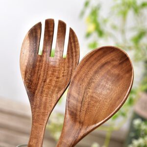 teak wood salad serving spoon with long handle for kitchen cookware use