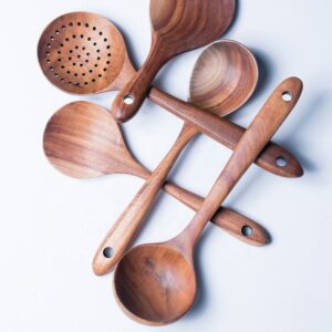 acacia wood slotted spoon with long handle for cooking draining and serving food
