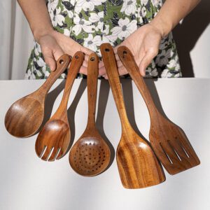acacia wood slotted spatula with handle for non-stick cookware and kitchen cooking