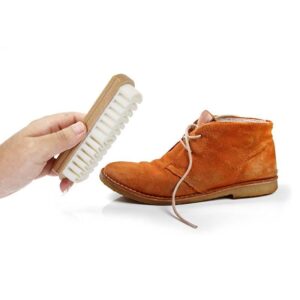 compact wooden suede shoe brush with white rubber cleaning bristles for nubuck and leather care