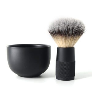 black shaving brush and bowl set with premium synthetic bristles for men's grooming