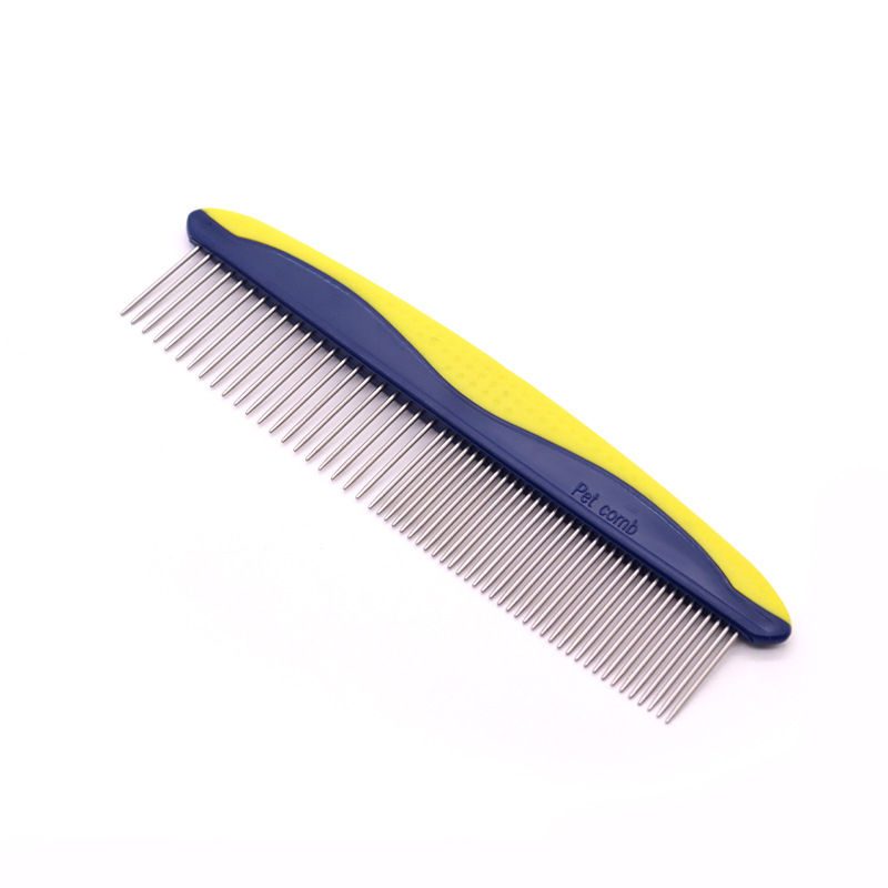 stainless steel pet grooming comb with blue ergonomic handle for dogs and cats