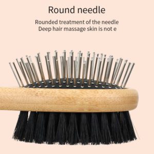 double-sided wooden pet grooming brush with metal pins and bristles
