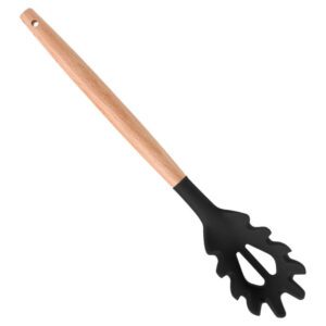 silicone pasta server spoon with wooden handle for cooking and serving pasta