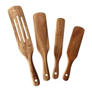 Set of four acacia wood kitchen utensils including serving spatulas and cooking tools, designed for nonstick cookware, food preparation, stirring, flipping, and serving