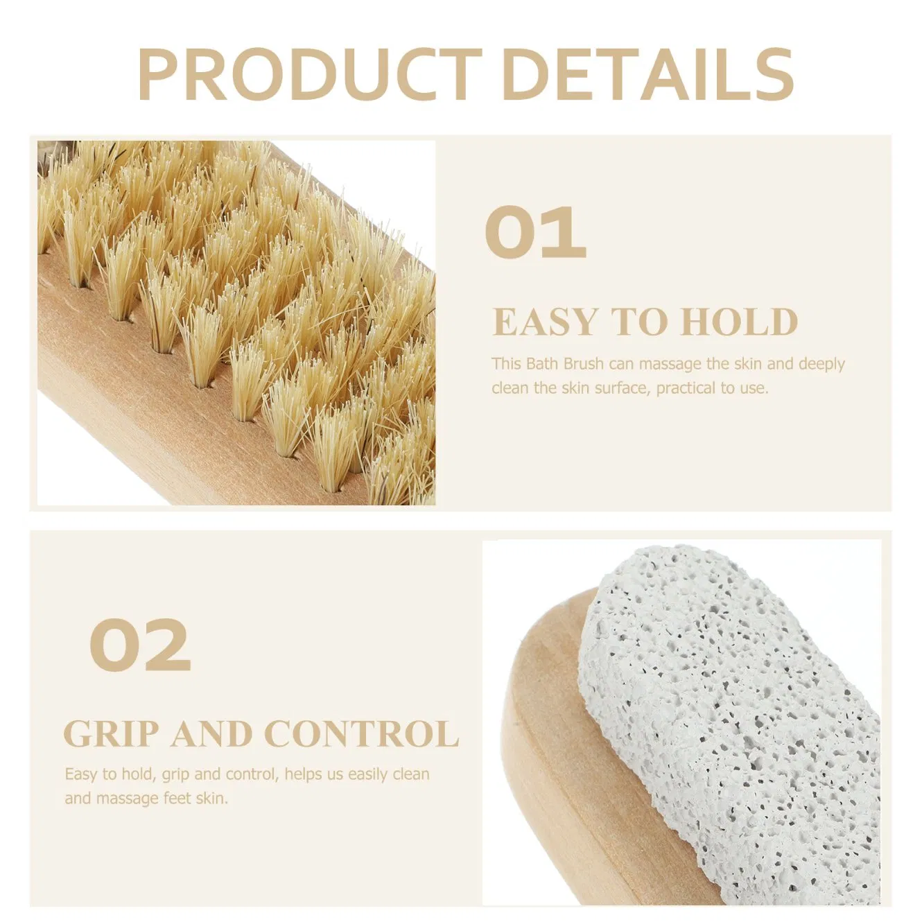 double-sided bamboo wooden nail brush with soft bristles and pumice stone scrubber