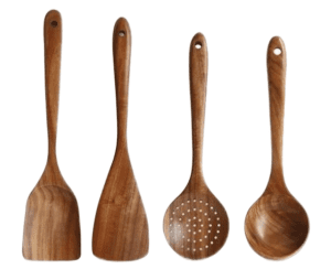 teak wood skimmer spoon with holes for cooking draining and serving food