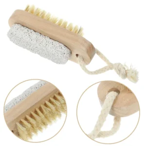 double-sided bamboo wooden nail brush with soft bristles and pumice stone scrubber