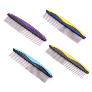 stainless steel pet grooming comb with blue ergonomic handle for dogs and cats