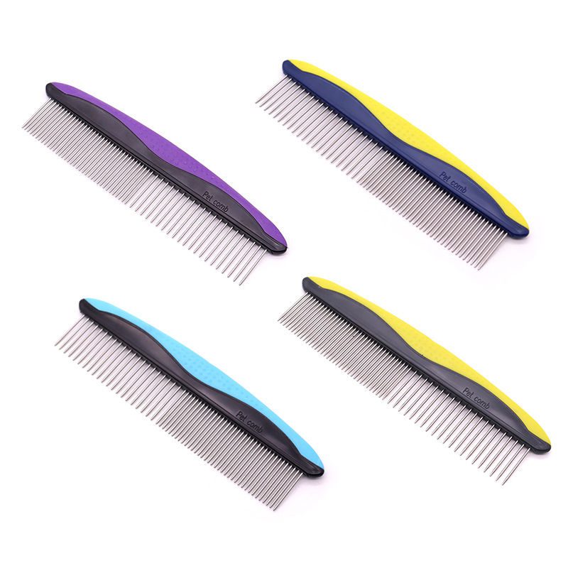 stainless steel pet grooming comb with blue ergonomic handle for dogs and cats