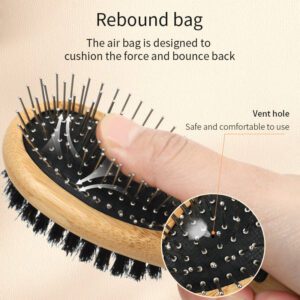 double-sided wooden pet grooming brush with metal pins and bristles