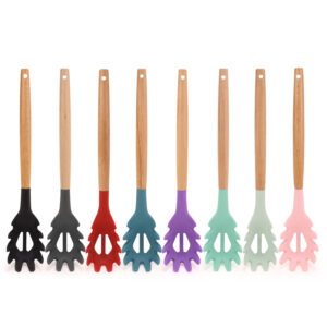 silicone pasta server spoon with wooden handle for cooking and serving pasta