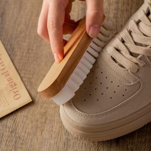 compact wooden suede shoe brush with white rubber cleaning bristles for nubuck and leather care