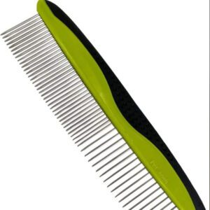 stainless steel pet grooming comb with blue ergonomic handle for dogs and cats