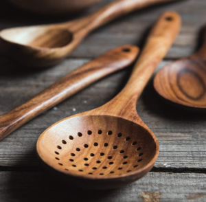 teak wood skimmer spoon with holes for cooking draining and serving food