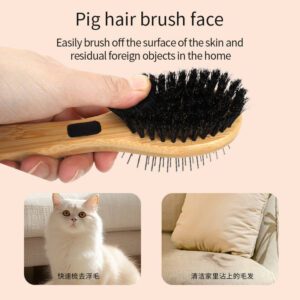 double-sided wooden pet grooming brush with metal pins and bristles