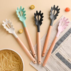silicone pasta server spoon with wooden handle for cooking and serving pasta