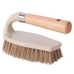 handheld laundry scrub brush with wooden handle and durable bristles for stain cleaning