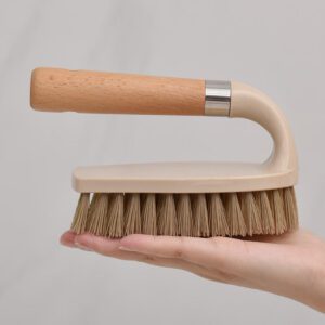 handheld laundry scrub brush with wooden handle and durable bristles for stain cleaning